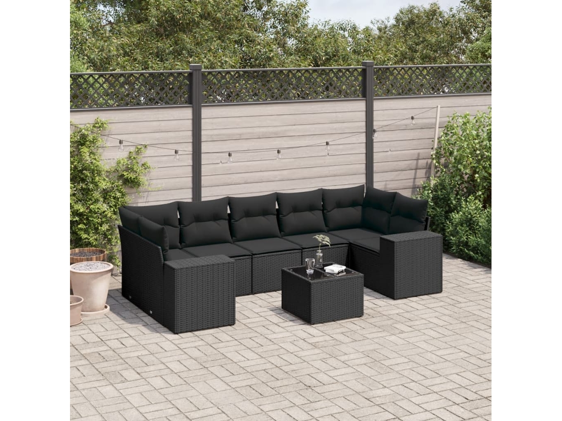 Conjunto de 8 Sofás de Jardim com Almofadas Vime Pe Preto Dkd Home Decor
