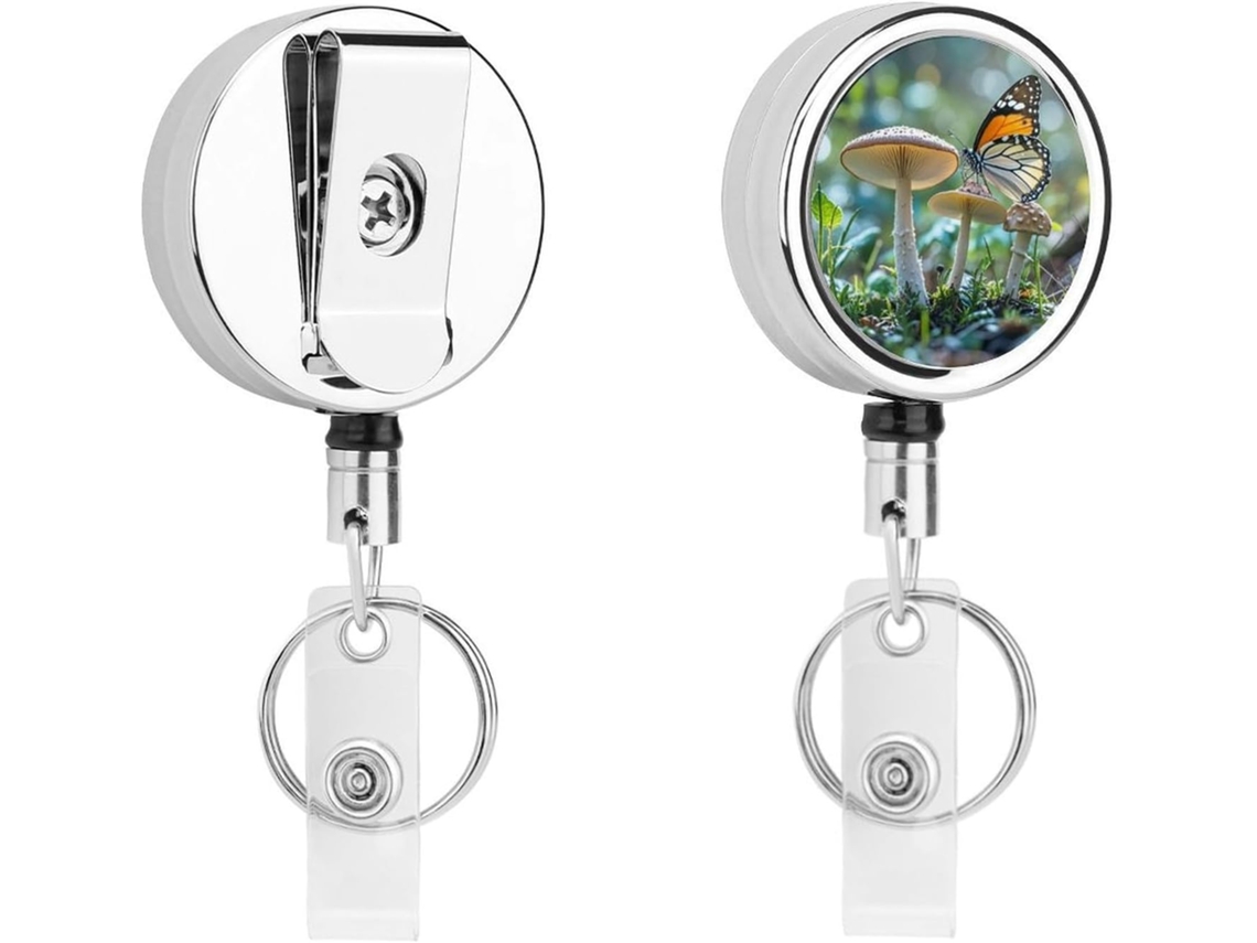 Porta Crachá Em Formato De Cogumelo Borboleta, Compacto E Leve, Retrátil, Em Metal, Com Clipe E Chaveiro Ideal Para