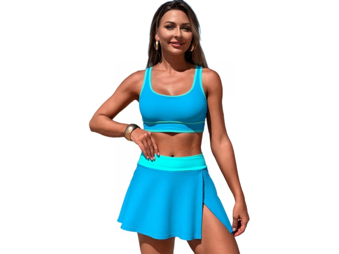 Biquíni Feminino de Duas Peças com Saia de Cintura Alta e Shorts Gola Redonda, Secagem Rápida. SFUSHOS