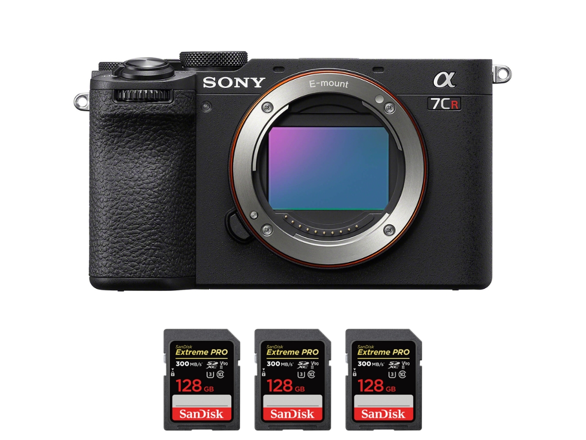 A7cr Preto + 3 Sandisk 128gb Uhs ii 300mb/s Máquina Fotográfica Híbrida + Ebook “20 Dicas para Fotos Que Impressionam” SONY