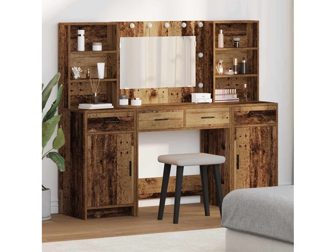Vidaxl Conjunto De Mesa De Maquiagem Com Led 3 Unid. Madeira Antiga