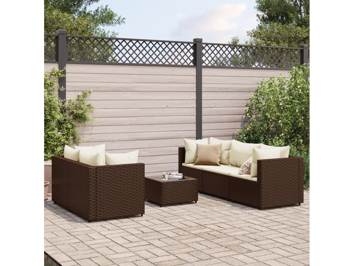 Conjunto 6 Pcs Lounge Jardim com Almofadões 6 Pcs Vime Pe Castanho PANGSHIYUAN