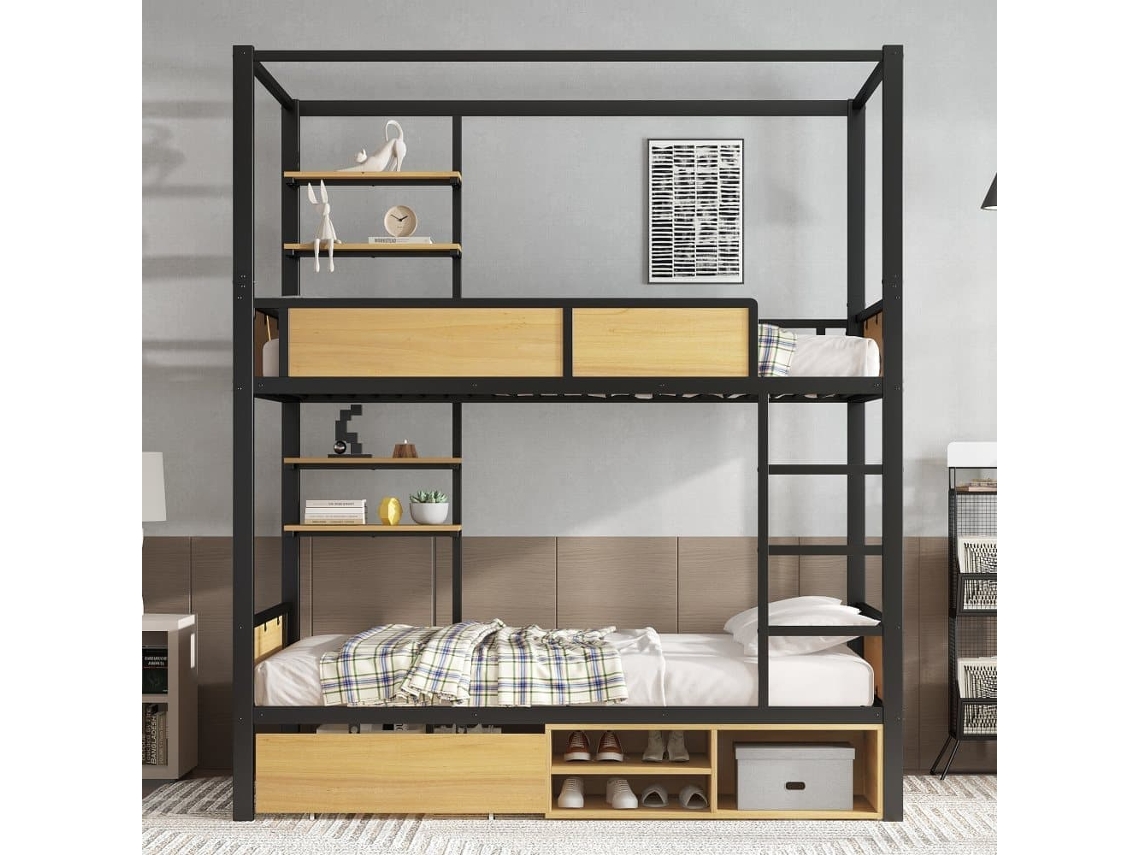 Cama Alta 90x200 cm, Ferro+MDF, Prateleira Lateral Dupla, Grades e Escada Resistentes, Arrumação Inferior, Cortina Superior Opcional – Preto+Natural
