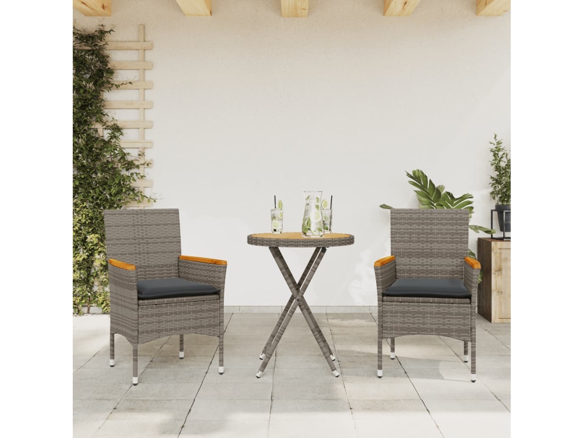 3 Pcs Conjunto De Bistrô Com Almofadões Vime Pe/acácia Cinza Dkd Home Decor
