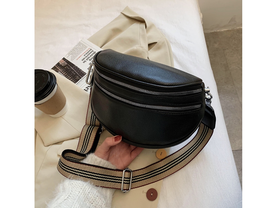 Bolsa De Zíper Duplo Da Moda, Bolsa Transversal Feminina De Couro Sintético, Alça De Ombro Larga, Preta SUNNY SPACES