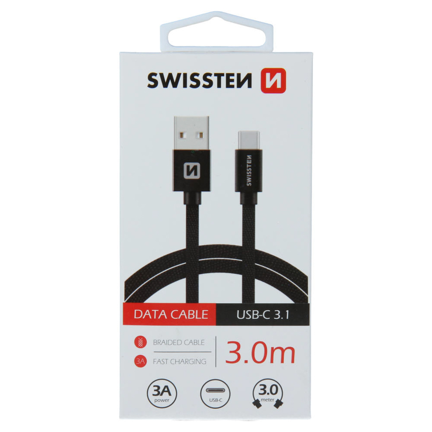 Cabo SWISSTEN Textile (USB - USB-C - 3M - Preto)