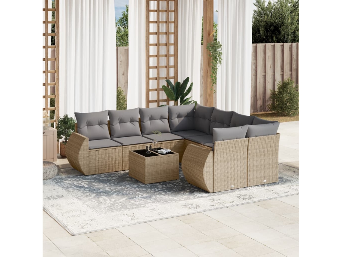 Vidaxl 9 Pcs Conjunto de Sofás P/ Jardim com Almofadões Vime Pe Bege