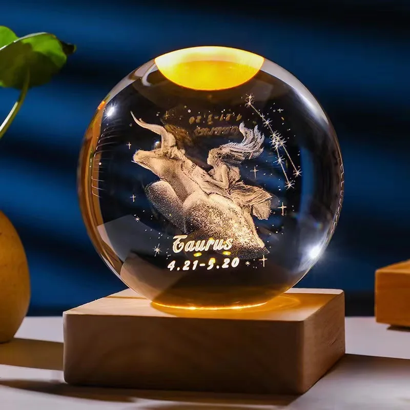 Bola de Cristal de 6,8cm com Doze Constelações, Base de Madeira com Led MDUG (touro 6x6cm com Luz)
