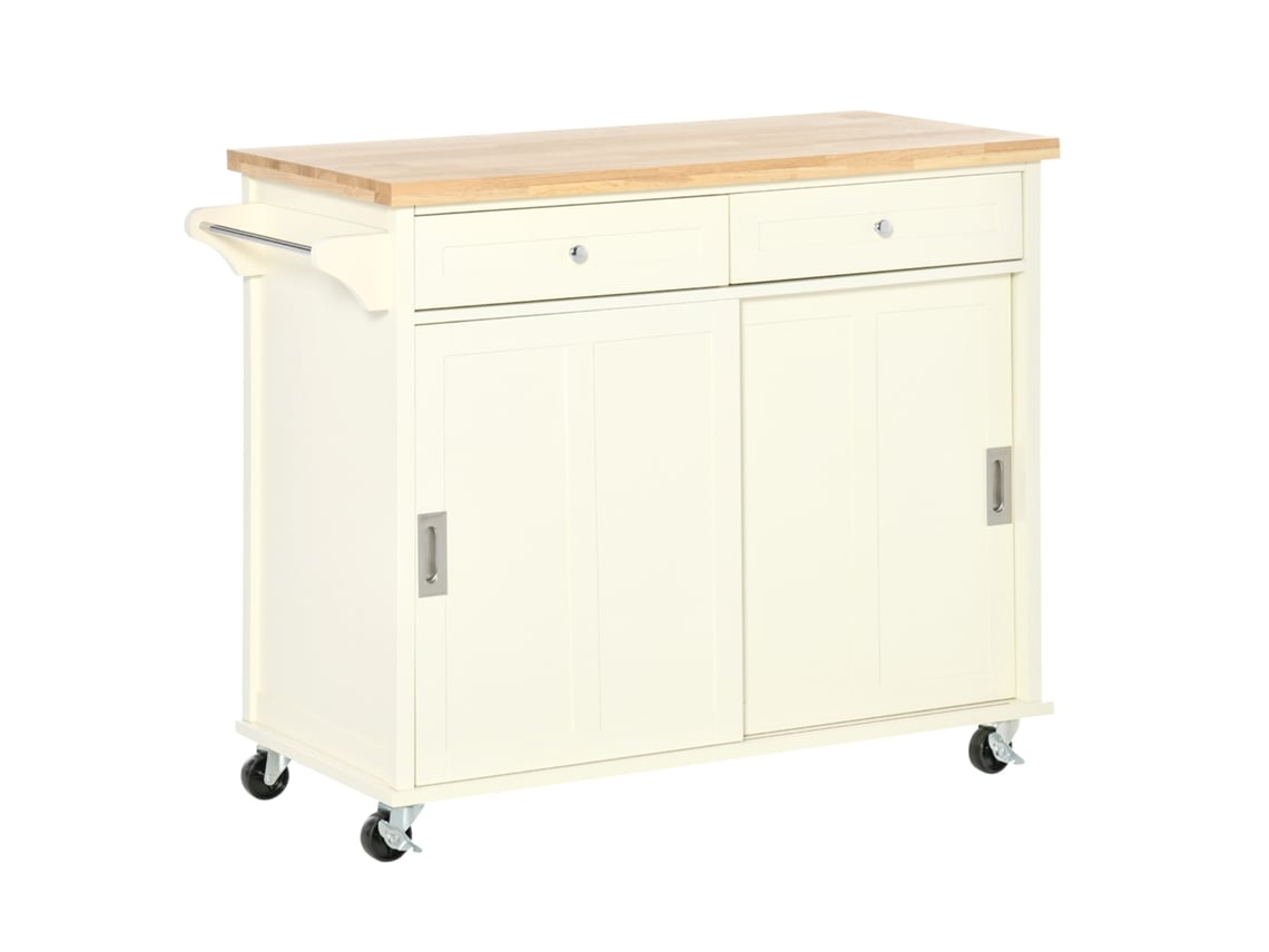 Carrinho de Cozinha Madeira de Borracha, Mdf Cor Creme Branco 110x49.5x89.5cm Homcom