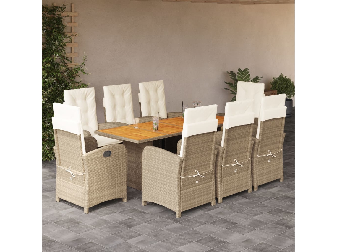 Vidaxl 9 Pcs Conj. Jantar Jardim C/ Almofadões Vime Pe Bege Misturado