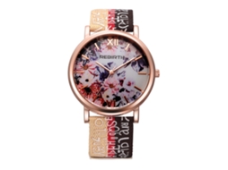 Relógio de Pulso Feminino de Quartzo com Padrão Floral e Cinto de Náilon Dourado