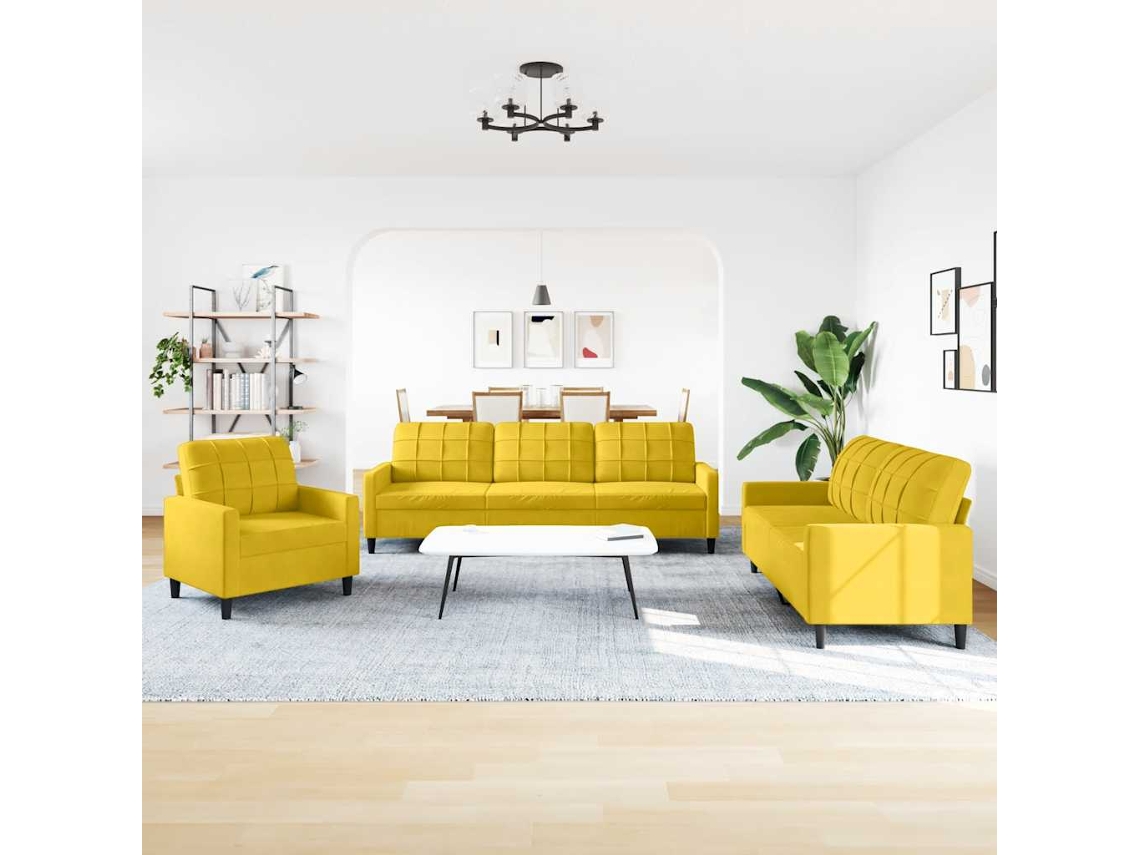 3 Pcs Conjunto de Sofás com Almofadões Veludo Amarelo SYFAX