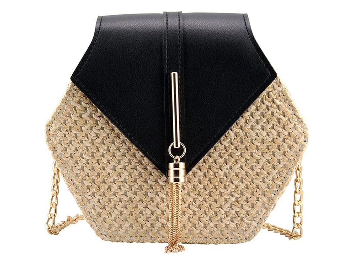 Bolsa transversal feminina 2026 em palha, estilo verão, com interior em couro PU preto.