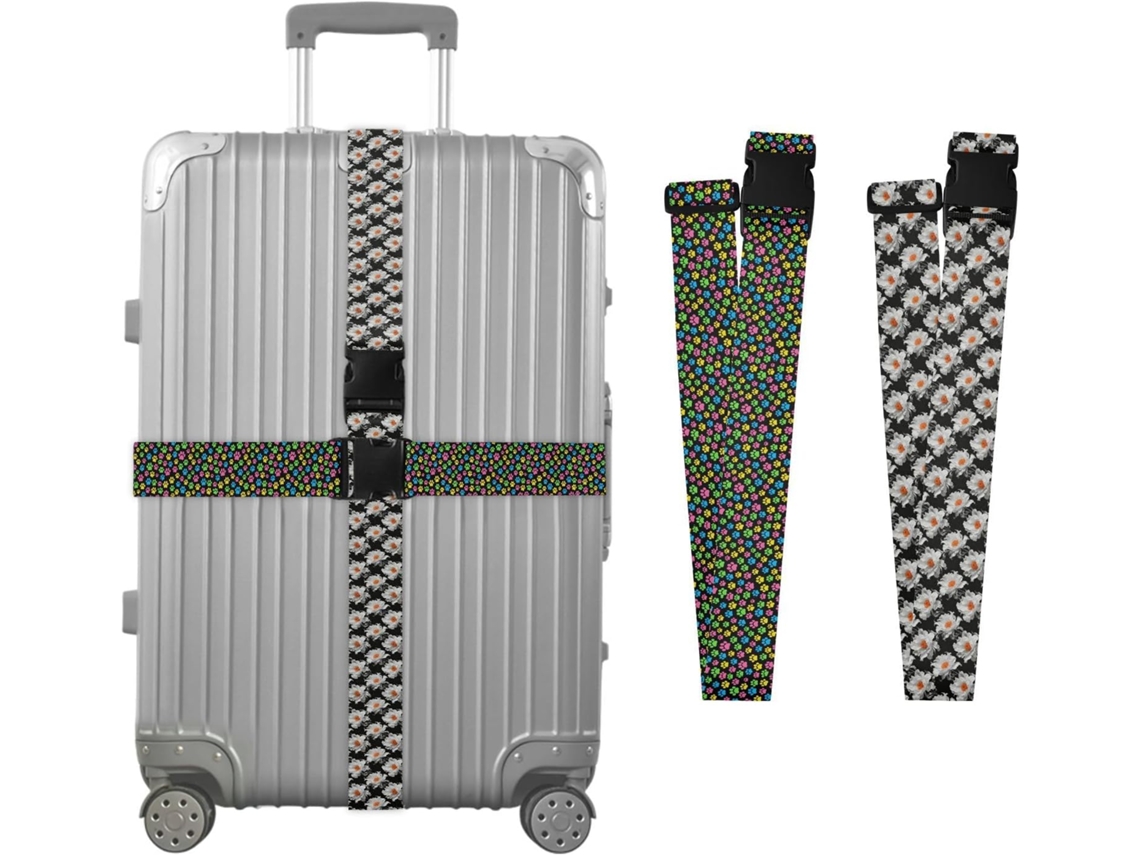 Conjunto De 2 Cintas Pretas Para Bagagem Com Detalhes Coloridos E Flores Brancas Viagem Ajustáveis Mala Bolsa Acessórios