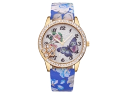 Relógio de Pulso para Mulher Vansvar Floral Print Pulseira Pu Quartzo Azul Escuro