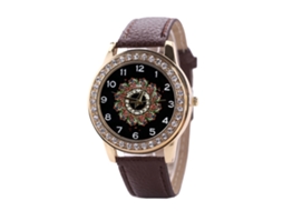 Relógio de Pulso Feminino de Moda com Pulseira de Couro Pu e Cristais Circonitas Marrom