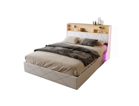 Cama Estofada 140x200cm, Cama Hidráulica Com Estrado De Ripas, Cabeceira Com Compartimento De Arrumação, Com Led E Posto De Carregamento, Branca Mexus