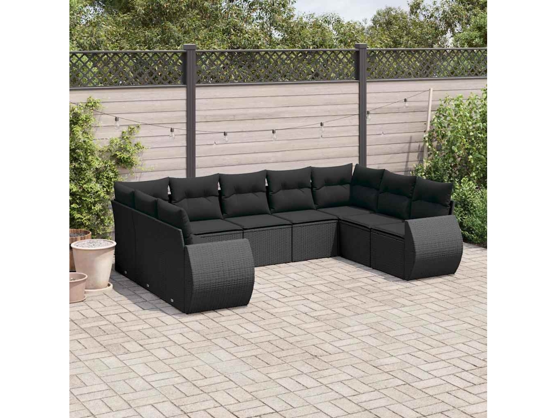 Vidaxl 9 Pcs Conjunto De Sofás P/ Jardim C/ Almofadões Vime Pe Preto