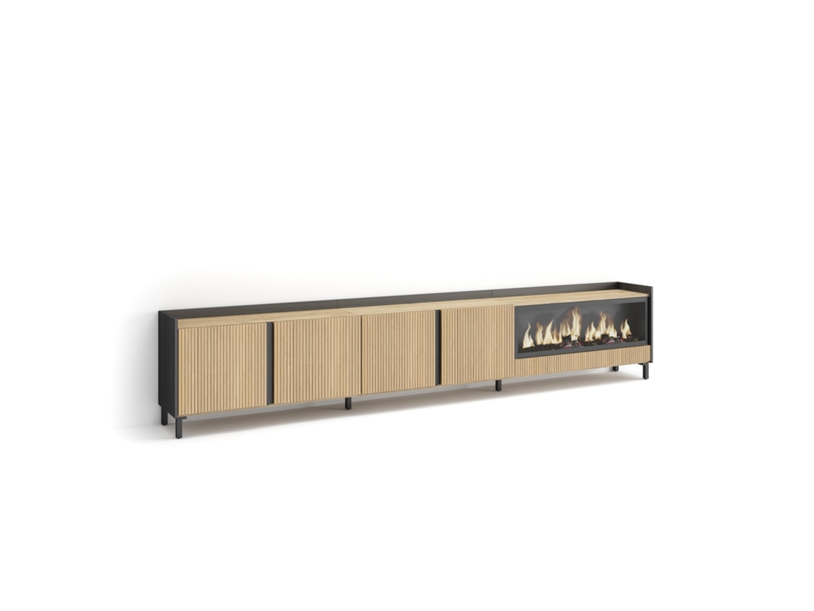 Móvel De Tv, 315x35x61cm, Para Televisores Até 80", Lareira Eléctrica Xxl, Design Industrial, Carvalho E Preto