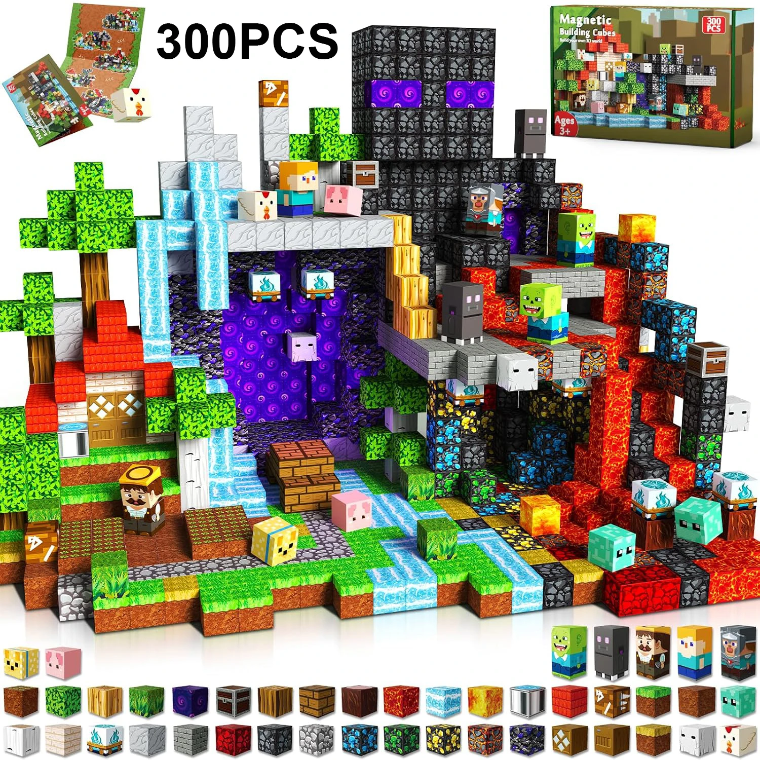 Conjunto de Blocos de Construção Magnéticos , Blocos para Montar Personagens de Minecraft, Brinquedo Educativo Stem MDUG (300 Peças)
