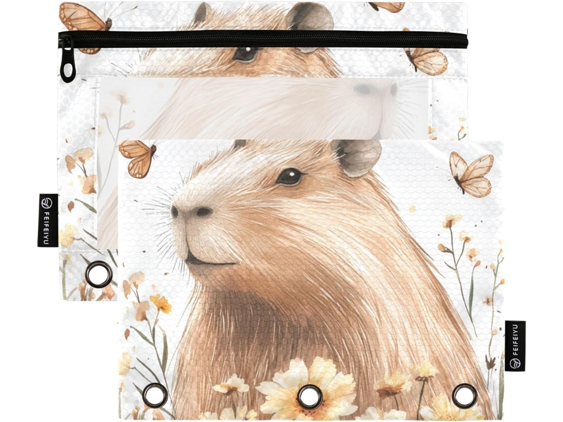 Pasta Organizadora Sweet Capybaras Branca Com Janela Transparente E Ilhós, 3-porta Lápis Materiais Escolares E De