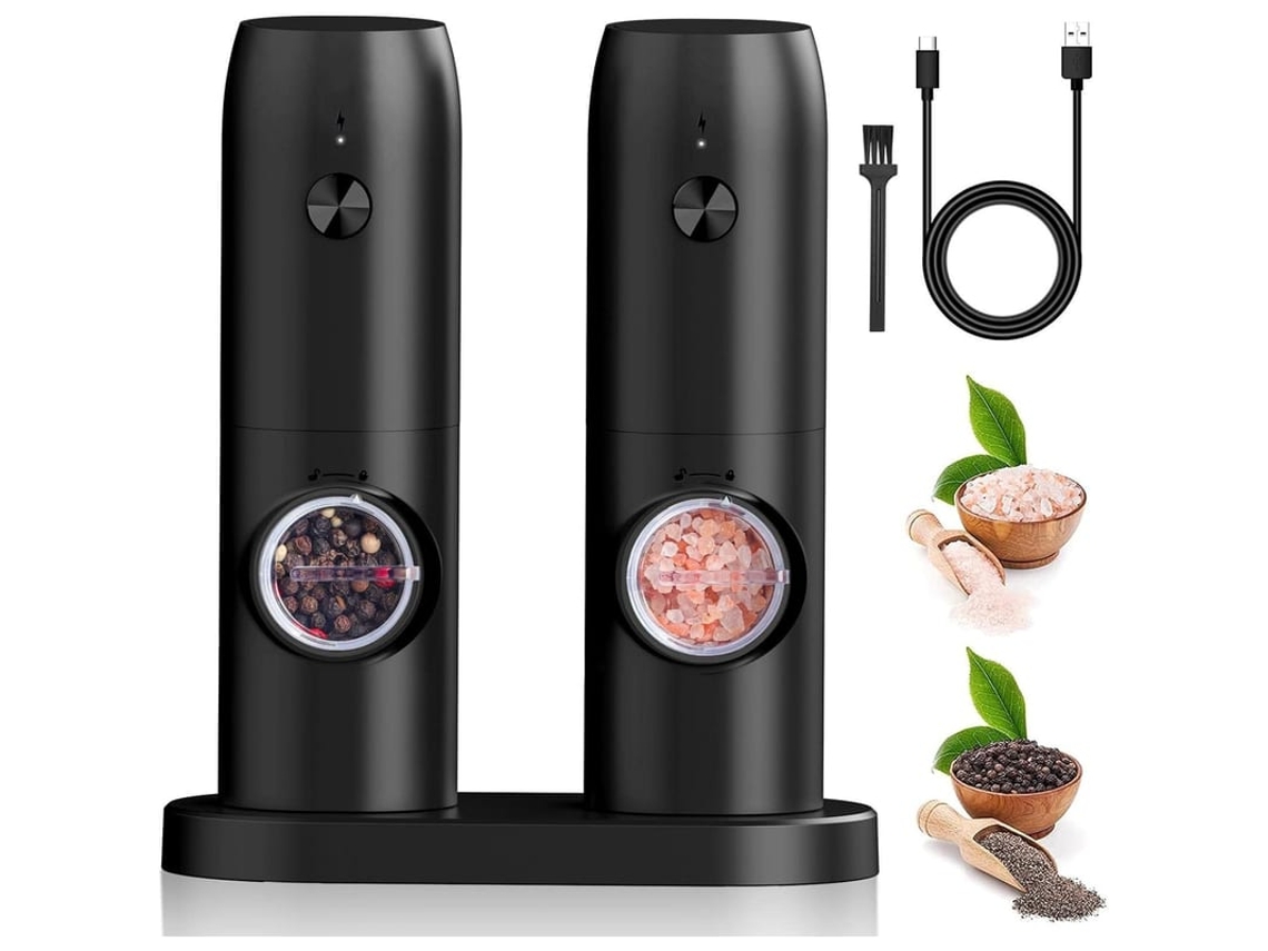Conjunto De Moedores Elétricos De Sal E Pimenta, 2pcs Recarregáveis Usb Com Base E Ajuste De Grossura