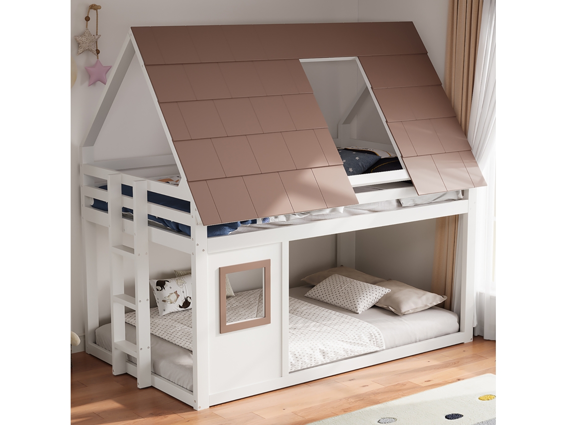 Cama De Andar 140x200 Cm Com Telhado E Escada De Madeira Branco Marrom