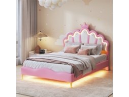 Cama infantil estofada 140x200cm em formato de coroa com cabeceira ajustável, LED e couro rosa INONEFT