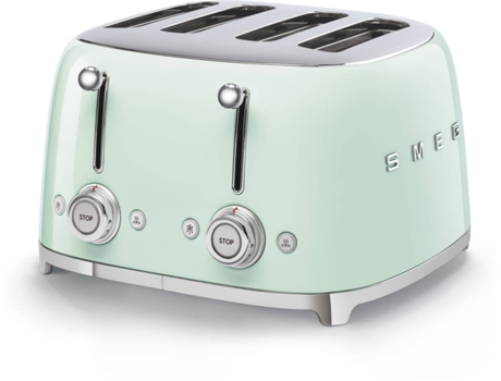Torradeira SMEG Anni 50 TSF03PGEU Verde (2000 W) — Torradeira de 4 fendas 2000W com 6 níveis de tostagem. Entradas extra largas e 2 gavetas de migalhas. 2 botões com comandos independentes. com funções para aquecer. descongelar e bagel (tostar apenas uma face)