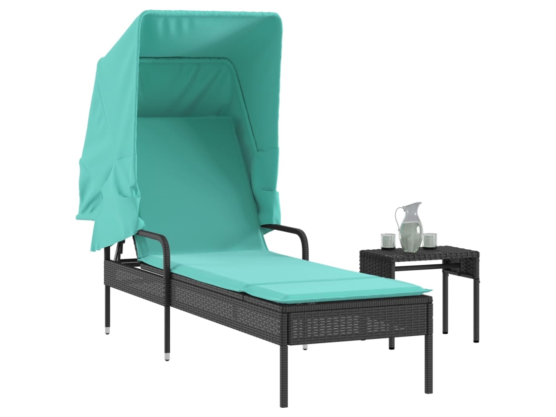 Vidaxl Espreguiçadeira Com Cobertura E Mesa Em Rattan Sintético Preto