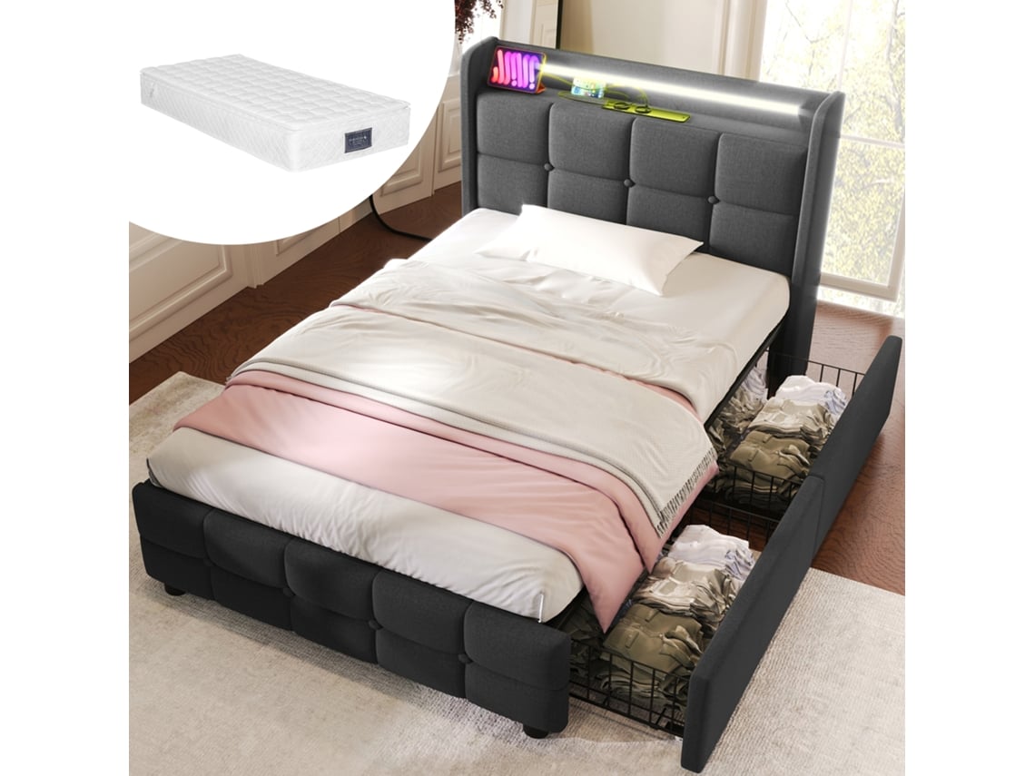 Cama 90x200 Cinza Com Led Usb E Colchão