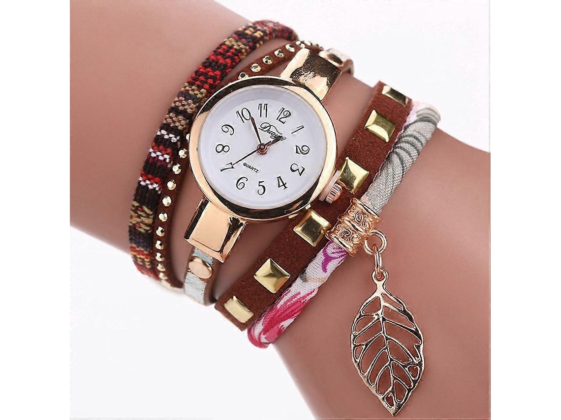 Relógio Feminino De Pulso Com Pulseira De Quartzo E Pingente Em Formato De Folha.