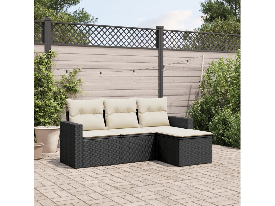 Vidaxl 4 Pcs Conjunto De Sofás Para Jardim C/ Almofadões Vime Pe Preto