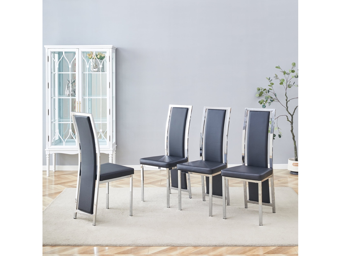 Conjunto 4 Cadeiras Jantar Minimalistas Couro Pu Preto Prata