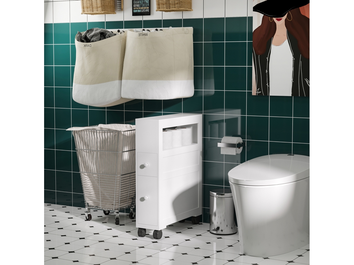 Armário Casa De Banho Para Espaços Reduzidos 4 Rodas Prateleira Aberta Gavetas, 16x52x71,5cm, Branco