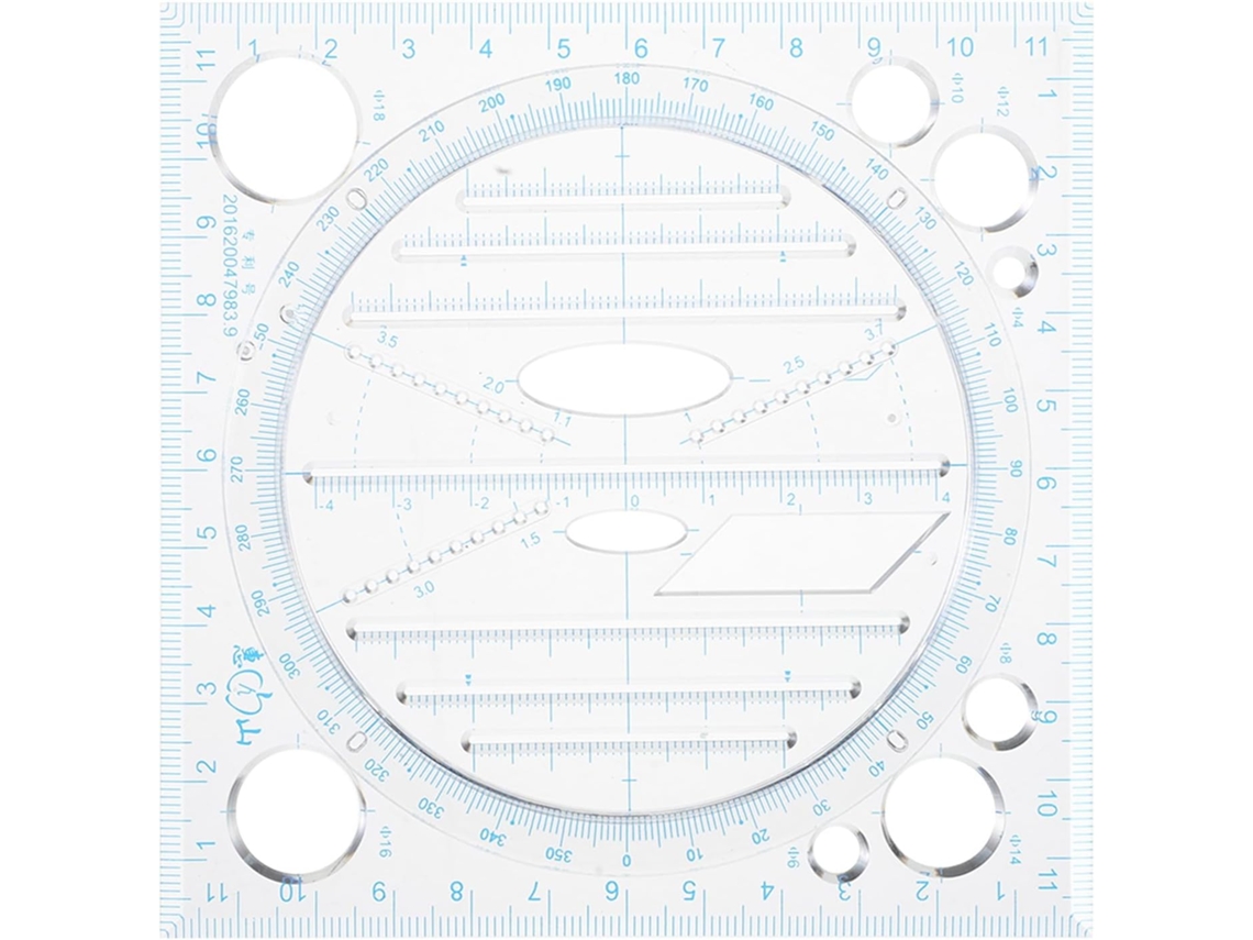 Mesa multifuncional de plástico com gabarito circular, escala clara e capa ergonômica para estudantes.
