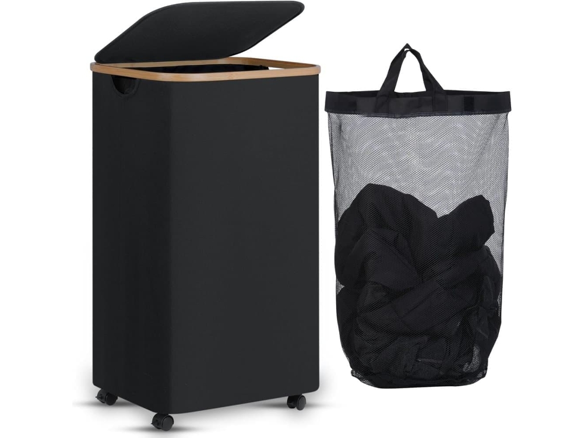 Cesto De Roupa Suja Com Rodas, 100l, Compacto Com Tampa, Alça De Bambu E Saco Removível, Para Organizar E Guardar Roupa Suja De Forma Prática