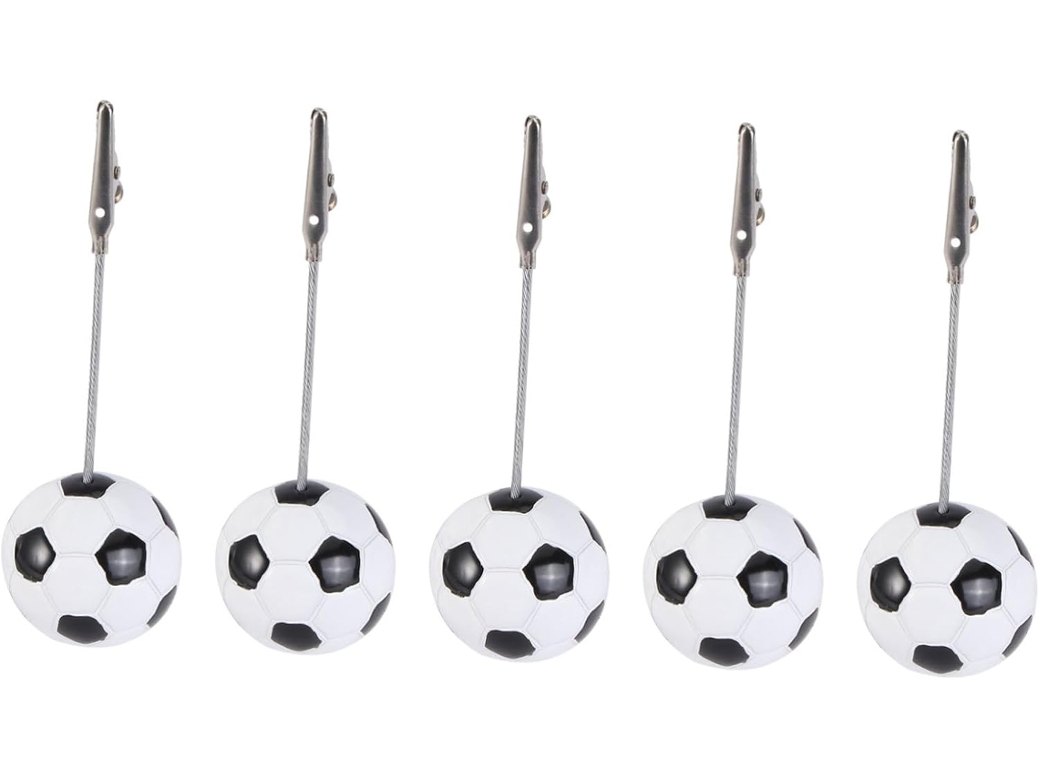 Conjunto Toyandona com 5 prendedores decorativos para fotos, em resina e metal, formato de bola, para maior segurança de fotos e papéis.
