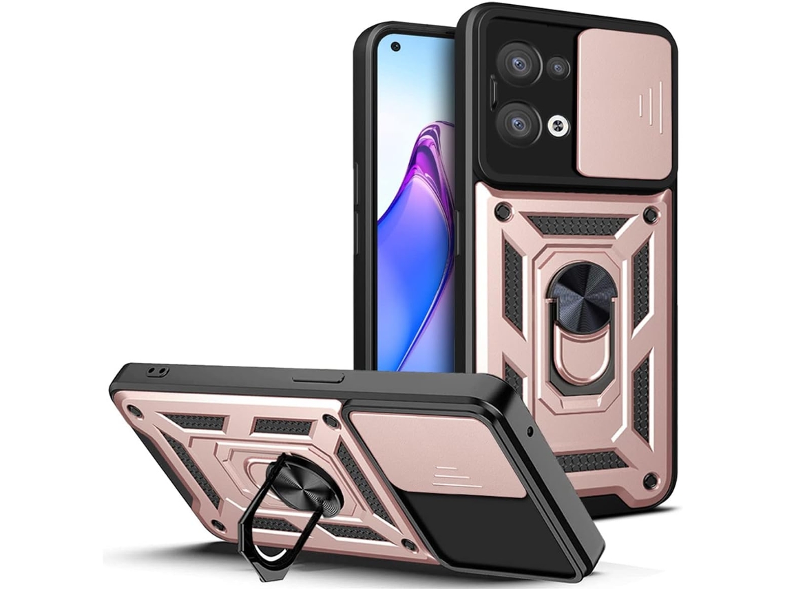 Capa Militar Proteção Câmera Slj Rose para Oppo Reno8 5G HONGWE. Acrílico Anti-Choque Rígida Rosa