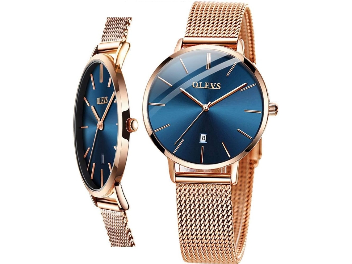 Lurelia Relógio Feminino, Movimento De Quartzo, Data/calendário, Luminoso, Detalhes Com Strass, Aço Inoxidável, Rosa Ouro, Azul