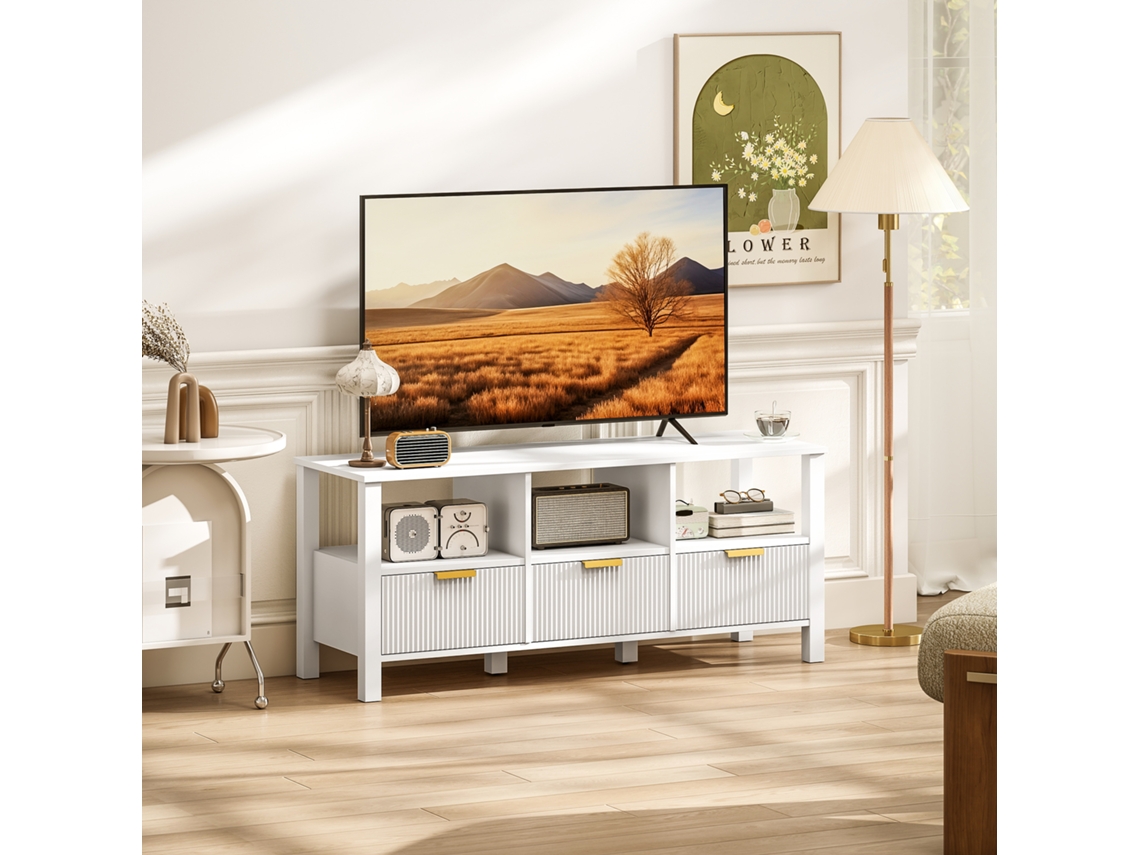 Móvel De Tv Moderno Com 3 Gavetas E 3 Prateleiras Abertas Para Tvs De 43 A 55 Polegadas, 120 X 39,5 X 50 Cm, Branco.