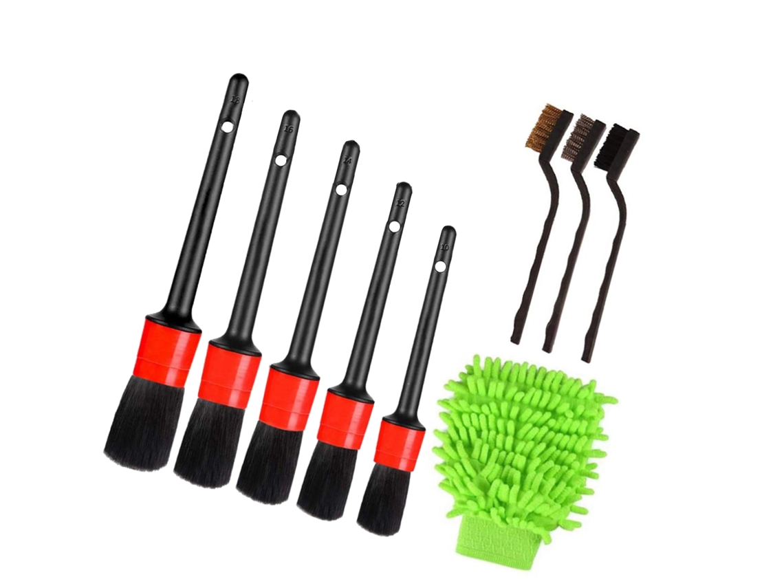Conjunto De 9 Piezas De Cepillos De Limpieza De Coches Con Cepillo De Detalle, Cepillo De Alambre Y Guante, Limpieza Interior Exterior Cuero Ruedas