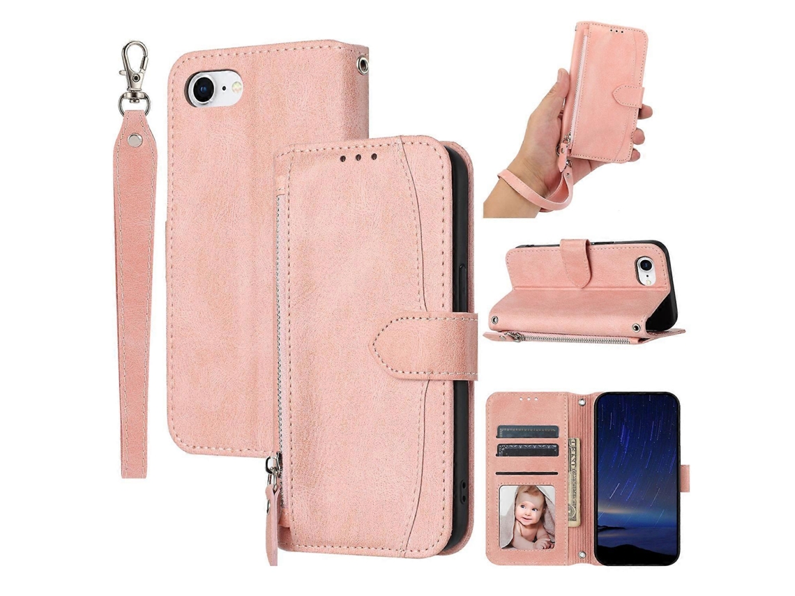 Capa De Couro Com Bolso Com Zíper E Alça Transversal Para Iphone 16e - Rosa