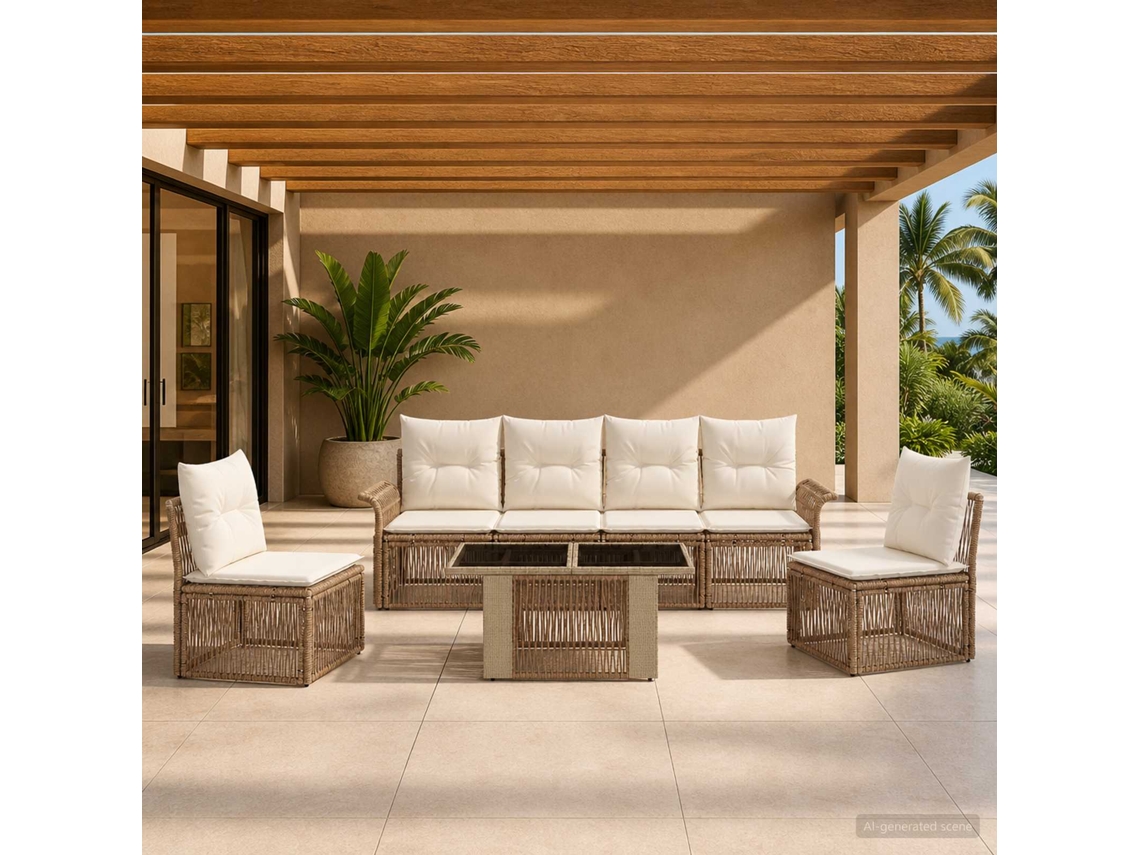 Vidaxl Conjunto De Sofá De Jardim 7 Unid. Bege E Branco Creme Vime Pe
