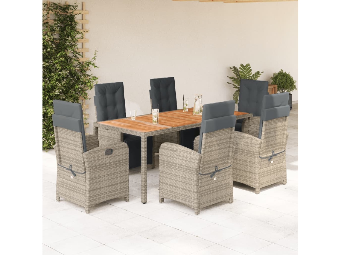 Vidaxl 7 Pcs Conjunto De Jantar P/ Jardim C/ Almofadões Vime Pe Cinza
