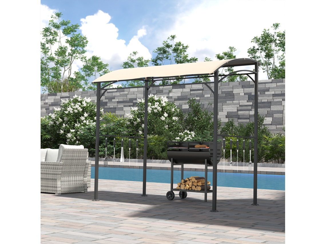 Pavilhão Para Churrasco Bege E Preto 215x150x182/220cm - Estrutura De Aço Com Ganchos Para Talheres E Cobertura Antichuva