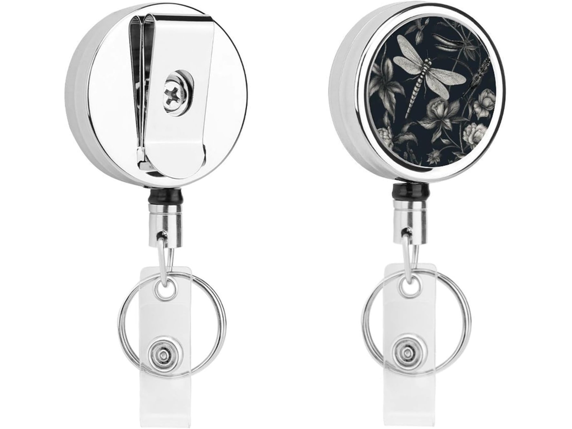 Porta Crachá Retrátil Preto Com Flor E Libélula, Moderno E Durável, Em Metal, Com Cordão De Nylon De 68, 5cm 27 Para