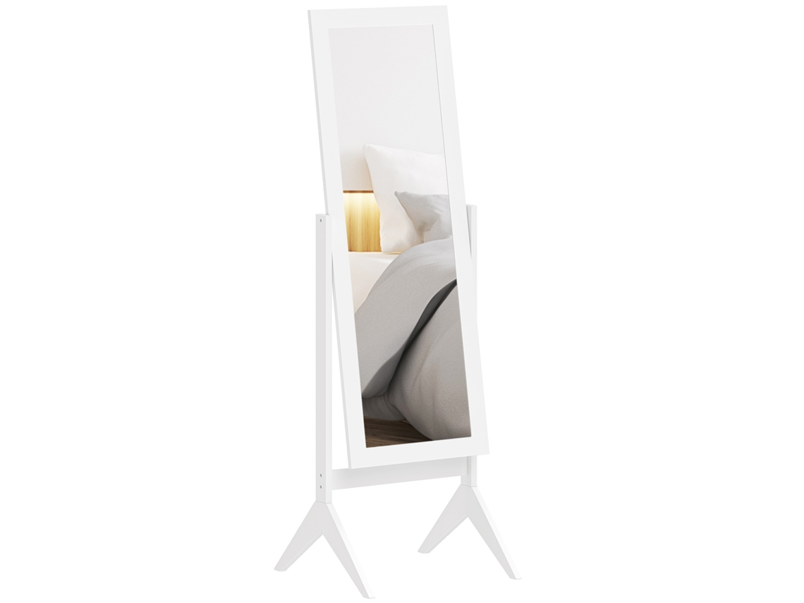 Espelho Pé Maquilhagem Reclinável Estrutura Madeira Dormitório Vestidor 47x46x148 Cm Branco