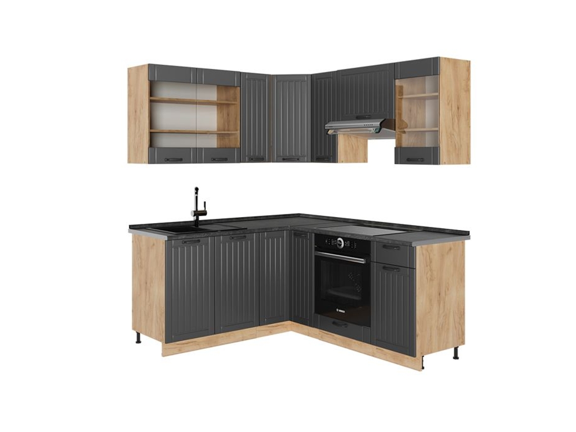 Cozinha Em Ângulo Fame Line, 190x46cm Sem Pt, Cinza Escuro, Carvalho Dourado, Vicco