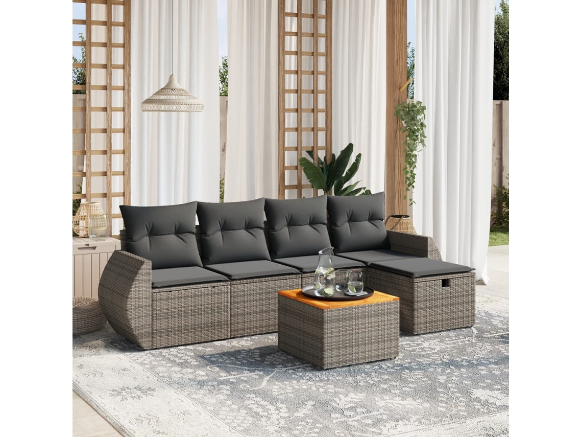 Vidaxl 6 Pcs Conjunto Sofás De Jardim Com Almofadões Vime Cinzento